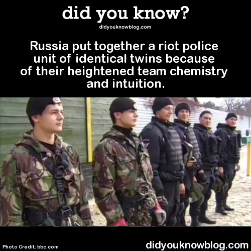 did-you-kno:  Russia put together a riot police unit of identical twins because of their heightened team chemistry and intuition.  Source  Sounds like a Bel Ami porno…