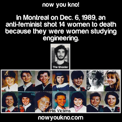 coelasquid:  underunderstood:  nowyoukno:  Now You Know (Source)  This is an important event in history, especially Canadian and feminist history. So I’m going to tell you more about it. 1) The shooter had been rejected from Ecole Polytechnique prior