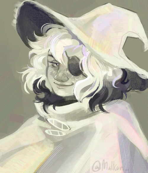 Monocolor illustration of Siffrin from In stars and Time, smiling softly at the viewer.