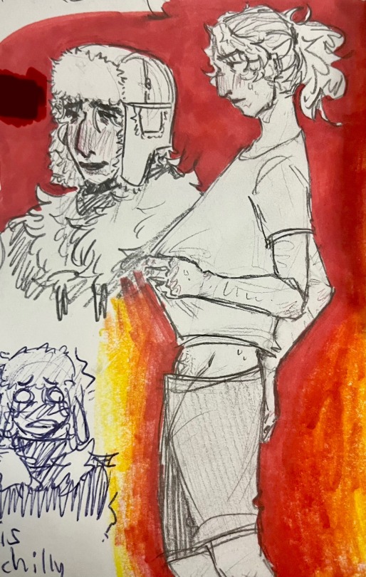 two pencil drawings of Patryck. One is him cooling off by pulling his shirt forward. The other is him in a ushanka