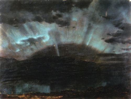 artist-church:Aurora Borealis, Mt Desert Island, from Bar Harbor, Maine, 1860, Frederic Edwin Church