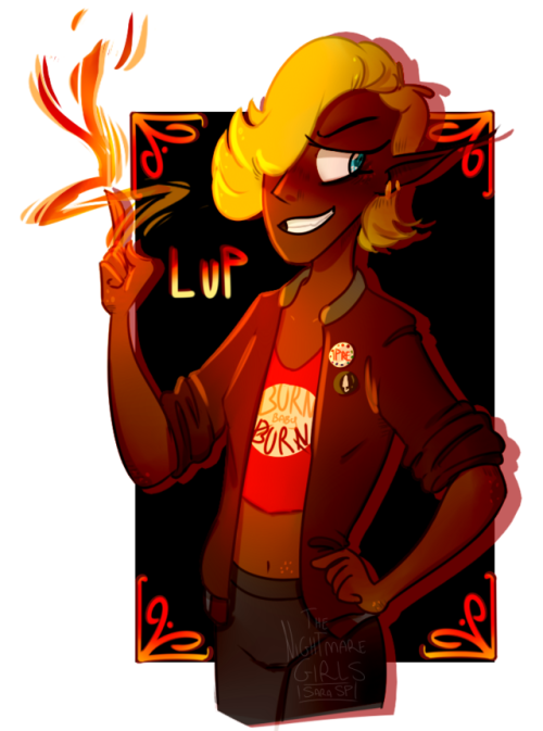 thenightmaregirls:@trainwreckgenerator &lt;33 [image description: a drawing of Lup against a mos