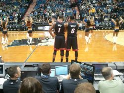 sportige:  LeBron and Bosh going over their “gameplan” before the game  or going over which cheerleader has the biggest ass sheeee'sh lmao jk jk. I know my boys wont doing something like that 