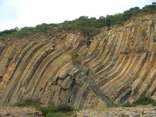 Distorted columnar basalt. Many of these formations formed during the natural cooling of basaltic la