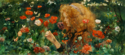 Mädchen im Mohnfeld (Girl in a Poppy Field)  - Dora HitzGerman painter 1856-1924