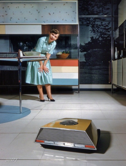 A robotic vacuum cleaner. From the American National Exhibition in Moscow, July 1959.