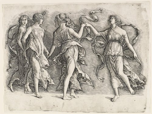 hildegardavon:Zoan Andrea, active ca.1475-1519 after Andrea Mantegna, ca.1431-1506Four dancing Muses, ca.1497, engraving