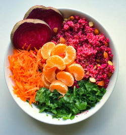 happyvibes-healthylives:  Recipe :  Gingered Beet Quinoa &frac12; cup quinoa, 1 cup broth or water, &frac12; beet shredded, juice of 1 lemon, 2-3 tsp fresh ginger grated, 2 clementines, 3 carrots shredded, &frac12; cup herbs, chopped almonds. add quinoa,