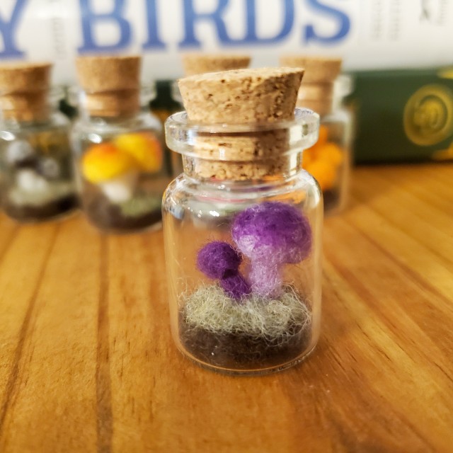 a photo of a jar containing two purple needle felted mushrooms.