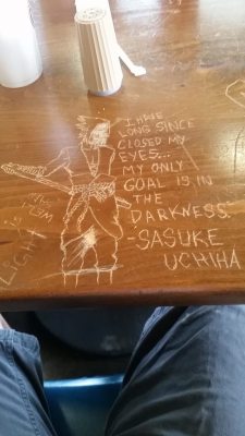animefanblogotaku:This is carved in one of the tables at a local restaurant in my hometown