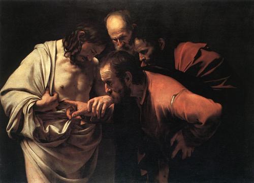 medievalpoc: Caravaggio The Incredulity of Saint Thomas Italy (c.1601) Oil on Canvas, 107 cm × 146 c