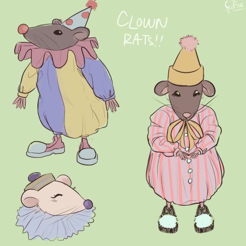 [ID: various rats in clown clothing. the top left, grey rat, wears a blue and yellow suit, pink coll