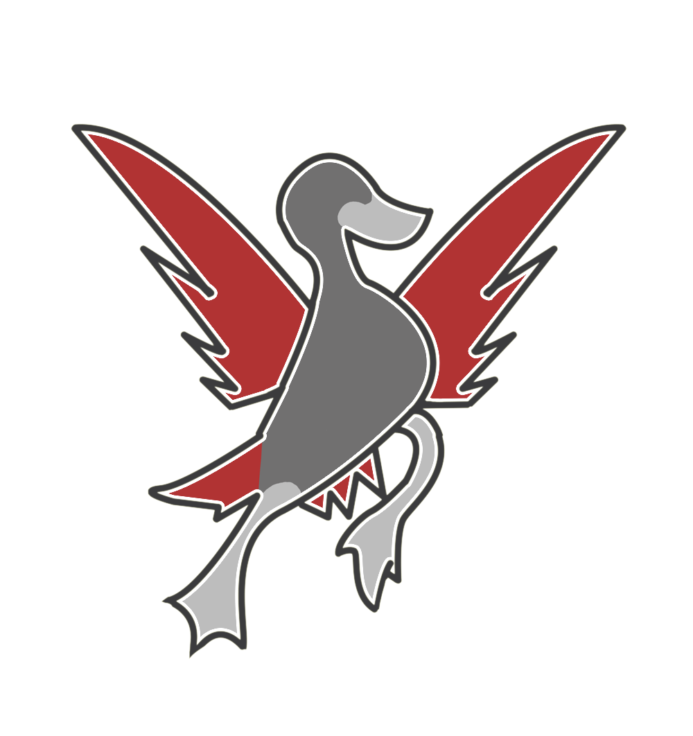 picture duck in the shape of a grey R and red wings in the shape of an X