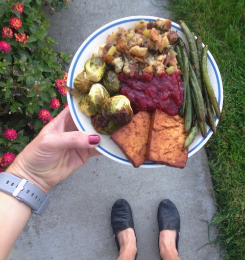 Thanksgiving 2014. Baked Tofu, Roasted Brussles Sprouts, Stuffing, Green Beans, Cranberry Sauce.