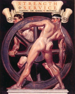 gay-erotic-art:  100artistsbook:  Strength and Service Turning the Wheel of Progress (1922) Leyendecker. More male art at www.theartofman.net and www.VitruvianLens.com    Every now and then I do a series devoted to one blog. This week I’m highlighting