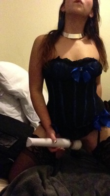 mylittleblackandwhitelies:  Playing with my blue bunny in my blue corset ^.^ heh