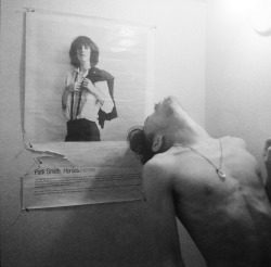 inthemoodtodissolveinthesky:  Robert Mapplethorpe in front of his cover for Patti Smith’s Horses, 1975 ca. 