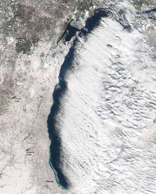 Here’s the Lake Michigan satellite pic. from Weds. - sunny in Wisc. and Ill. Partly to mostly cloudy in West Michigan from lake-effect clouds. You can still see the tornado scar from the 2007 tornado WNW of Green Bay. Green Lake and Geneva Lake