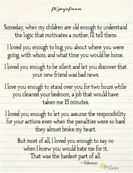 Joy of Mom on Tumblr: Someday, when my children are old enough to  understand the logic that motivates a mother, I'll tell them: I loved you  enough to...