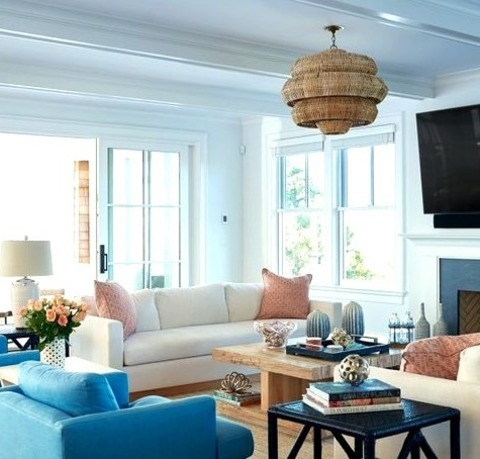Beach Style Family Room In New York Example Of A Large, Open-concept Family Room In The Beach Style With