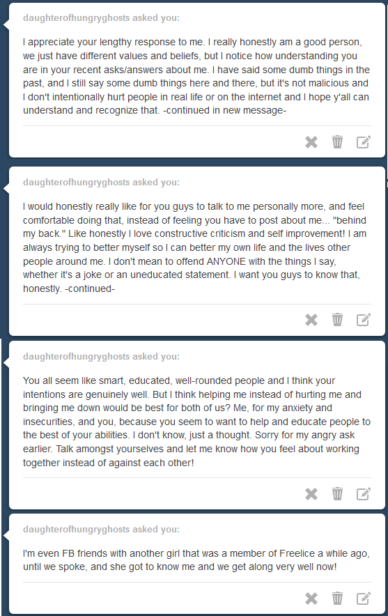 e-diots:
“ First off, that last message is hilarious to me because it seems made up and reminiscent of that time Felice claimed that she ~won over a “hater”. Like you’re such an amazing person you turned her away from the evil that is Freelice just...