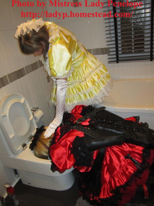 Under maid Sissy Barbie failed to clean the toilet properly and so Mistress Lady Penelope has put he