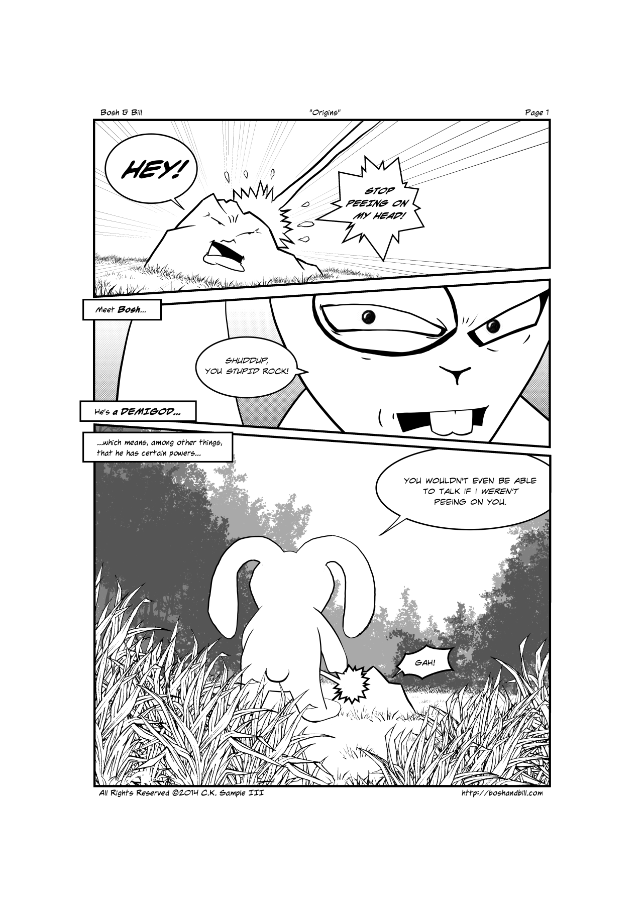 Okay. New version of page one. I decided to simplify it and remove a lot of the gradients I’d added before, so it’s more of a pure black and white. I also redid a bit of Bosh’s right foot in 3rd panel. I think this overall a stronger page now and I...