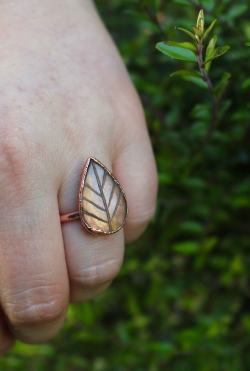 Carved labradorite crystal leaf &amp; copper ring. Available at www.moonchildmetals.etsy.com