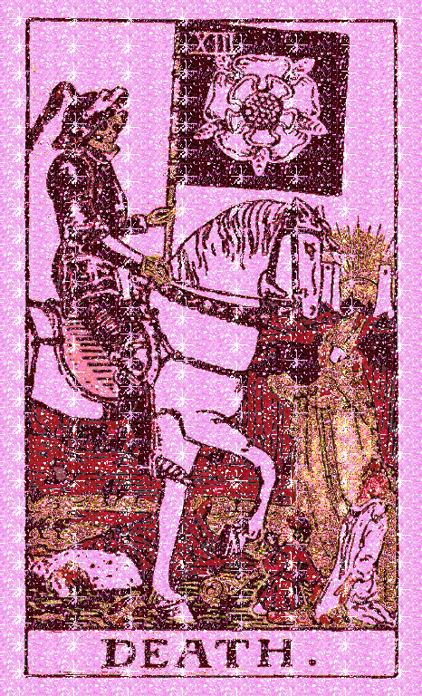 completely glittery flashing gif of the Rider Death tarot card in a color scale of pink, brown, red