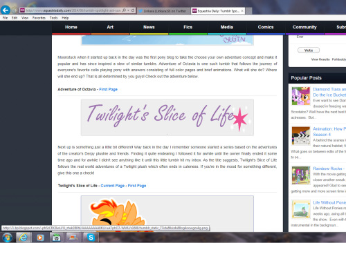 slice-of-life-twilight:  Twilight: Look, Dee! Our blog was featured on Equestria Daily! Dee: Well, that’s a nice surprise! I guess you’re a famous plushie now, Twi, although I’m sure you haven’t let that thought go to your head. Twilight: Of course