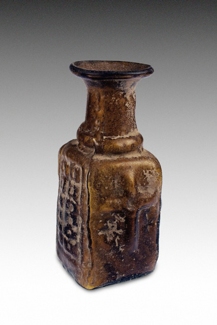 sadighgallery:Byzantine Pilgrim Glass Bottle600 ADMold-blown pilgrim glass jar with crosses and geom