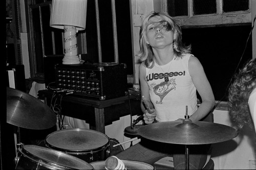 zombiesenelghetto-3:Blondie: Debbie Harry playing drums during rehearsals, photo by Chris Stein, 197