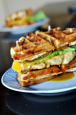 brookaragona:  chicken and waffle sandwich 