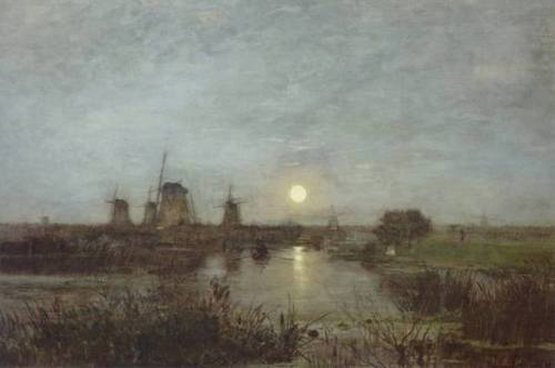 Moon Landscape with windmills     -    Eugen Jettel, 1884.Austrian,1845–1901Oil on wood,   68,5 x 46