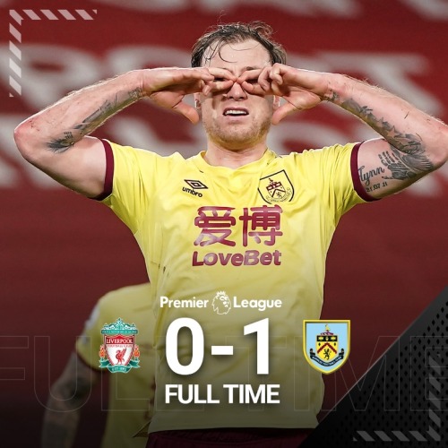 Liverpool 0-1 Burnley.Liverpool hadn’t lost in the league at Anfield for 68 matches, a run tha