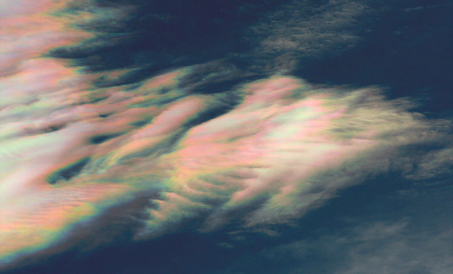 nubbsgalore:  photos of cloud iridescence — caused as light diffracts through tiny ice crystals or water droplets of uniform size, usually in lenticular clouds — by rolf kohl. see also: circumhorizontal arcs, asperatus clouds, mammatus clouds, polar