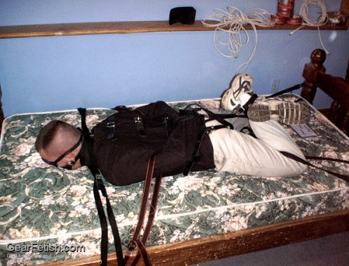 leatherbdsm:STRAIGHT JACKET & HOGTIED  Pull the arms of the straight jacket behind for a secure restraint.  This guy is not moving anywhere.  