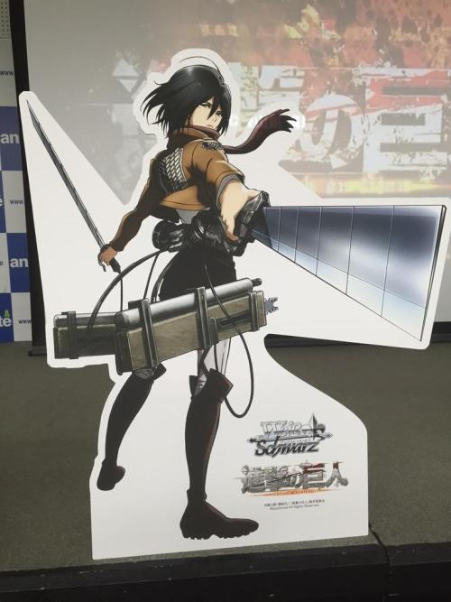 Today’s Weiβ Schwarz x Shingeki no Kyojin beginners’ workshop in the cardgame series’ main store in Ikebukuro features cardboard displays of Eren, Mikasa, and Levi! There is also a life-size version of the deck box for attendees to pose with.