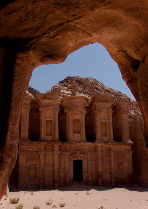 Petra Monastery from inside a typical cave in the area, Jordan (by guillenperez).