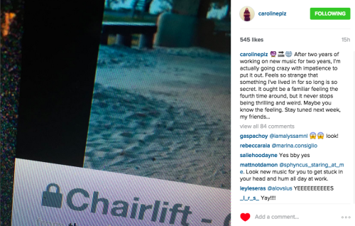 or-fyn:THERE IS A NEW CHAIRLIFT SONG AND MUSIC VIDEO COMING NEXT WEEK I AM SO EXCITEDFinally!