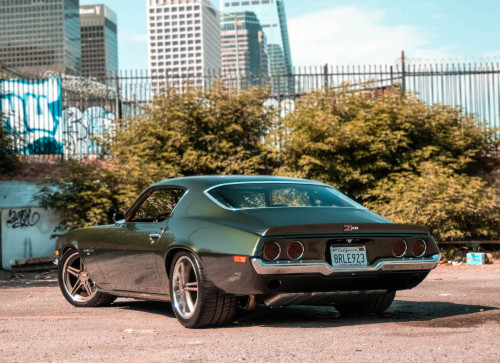 Just a little bit old school. Laura Wright’s pro-touring 1973 Chevrolet Camaro Z28, known as “Olive,