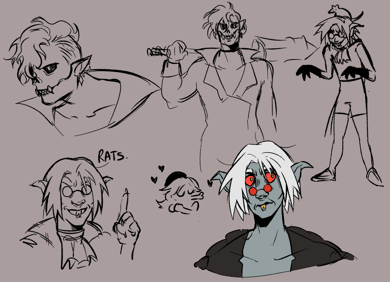 This is a digital sketchpage showing two vampire characters:  The one on the top left is muscular, with a face resembling a skeleton or ghoul: they have hollow, black eyes, a missing nose and a grin with exposed, pointy teeth and a pair of long fangs. Their ears are pointy with several jewels and their hair falls onto the side of their face, shorter at the sides. The first bust shows them leaning forward, menacing and staring at an off-screen presence; the second shows them smiling and confident, a mace on their shoulder.  The one on the right and bottom of the sketchpage is scrawny with rat-like features: bluish-grey skin, prominent cheekbones, large red eyes with tiny white irises giving him a surprised look, and two long yellow rodent like teeth sticking out of his mouth even when it's closed. His ears are long and crooked at the tips and his badly cut hair is white. He wears a red pince-nez, sometimes hiding his eyes, sometimes on the tip of his nose. He can be seen in the first fullbody as a scheming mad scientist, posing like a comically evil character with a rat on his head; the second drawing is a headshot of him with a raised index finger and talking happily about rats; the last drawing is a bust of him looking to the side with a neutral expression.