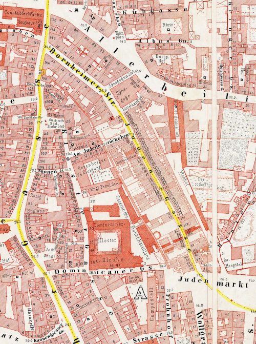 Detail of a map of Frankfurt, 1861, showing the former Jewish ghetto – including the “Judenmar