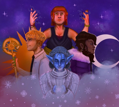 A coloured digital painting of the four clerics from Fantasy High. Kristen Applebees is in the top centre with her hands raised, looking upwards with her mouth slightly agape in a look of awe. A purple energy emanates from her hands with the shards of Cassandra floating within the energy. Around her, the sky is a purple star-filled twilight. To her left is Buddy Dawn, and to her right is Tracker O'Shaughnessy. Buddy is holding his staff of Helio and smiling, although it looks slightly forced. Behind him is an golden sun that fades into glowing red at the bottom edges. Tracker is looking to the right, expression neutral but with an intense stare, as if deep in thought. silvery crescent moon behind her, which gives her an equally silvery glow where the moonight touches her. There is a patch of fur growing on her neck. Below them in the centre is Lucy Frostblade, who is blowing an icy breath into her cupped hands, filling the bottom half of the painting with mist and snowflakes. Lucy is slightly illuminated by a red glow.