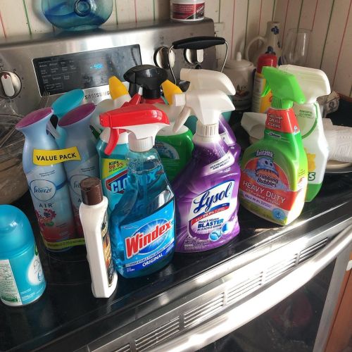 Cleaned out the pantry and found a hoard of cleaning supplies. #clorox #windex #scrubbingbubbles (at