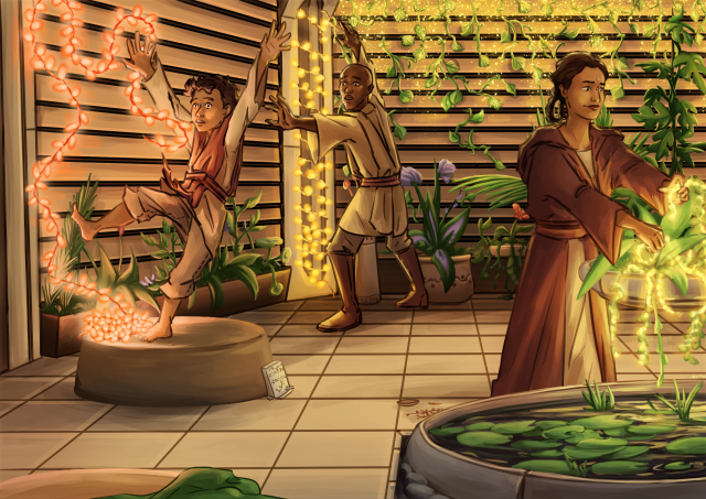 Digital art: Depa, Caleb, and Mace putting up string lights in Depa's quarters. Depa is standing by her water fountain, weaving lights through the plants. She seems not to notice that on the left, Caleb is falling off one of the round seats, light red string lights falling with him. Behind him, Mace is reaching to catch him, his yellow string lights neatly wrapped around the column. Behind Mace and Depa, lights are already hanging from the window blinds, lighting up the plants which are woven through the blinds and standing in pots underneath the window. A green blanket is draped haphazardly over the other round seat, which is barely in the frame. 