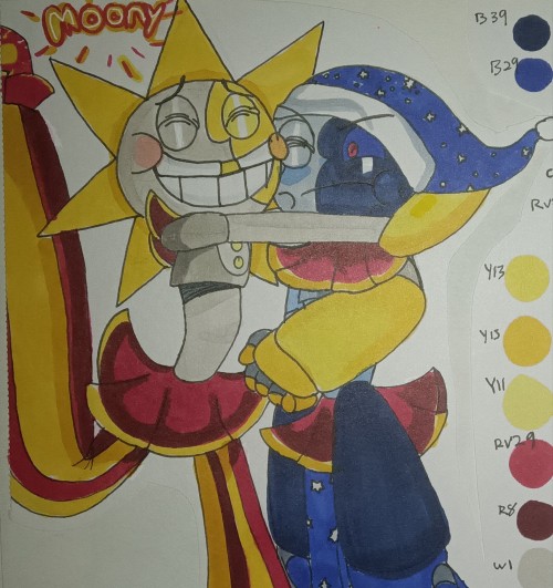 A picture of Sun and Moon (Or Sundrop and Moondrop) Sun is hugging Moon in excitement as he's widely smiling. Moon however looks irritated by this approach. Next to Sun is a red outline yellow word: "Moony" as he exclaims.