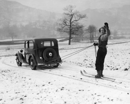 A skier from the Lake District Ski Club is pulled by car in Ambleside, England.