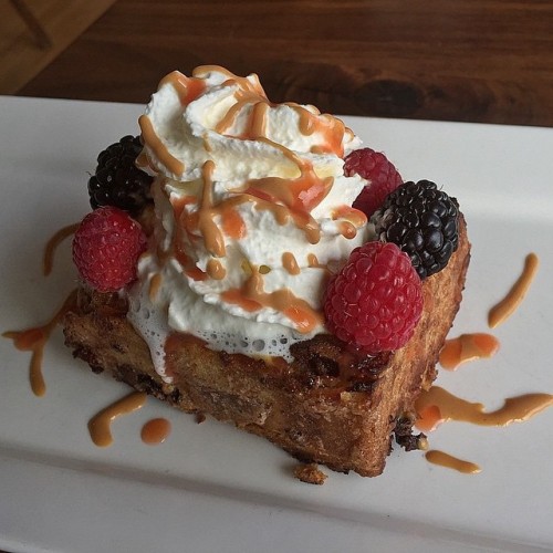 ctrestaurantweek:Black & White Chocolate Bread Pudding French Toast with whipped cream, berries, dulce de leche & guava syrup from the new brunch menu at @BarcelonaWineBar in Fairfield, CT. Regram from @chefdarrencarbone (the chef there)