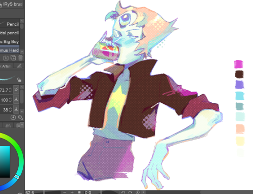 a stylized doodle of pearl from steven universe in a cool jacket and drinking soda. she's leaning on a counter. the colors are iridescent